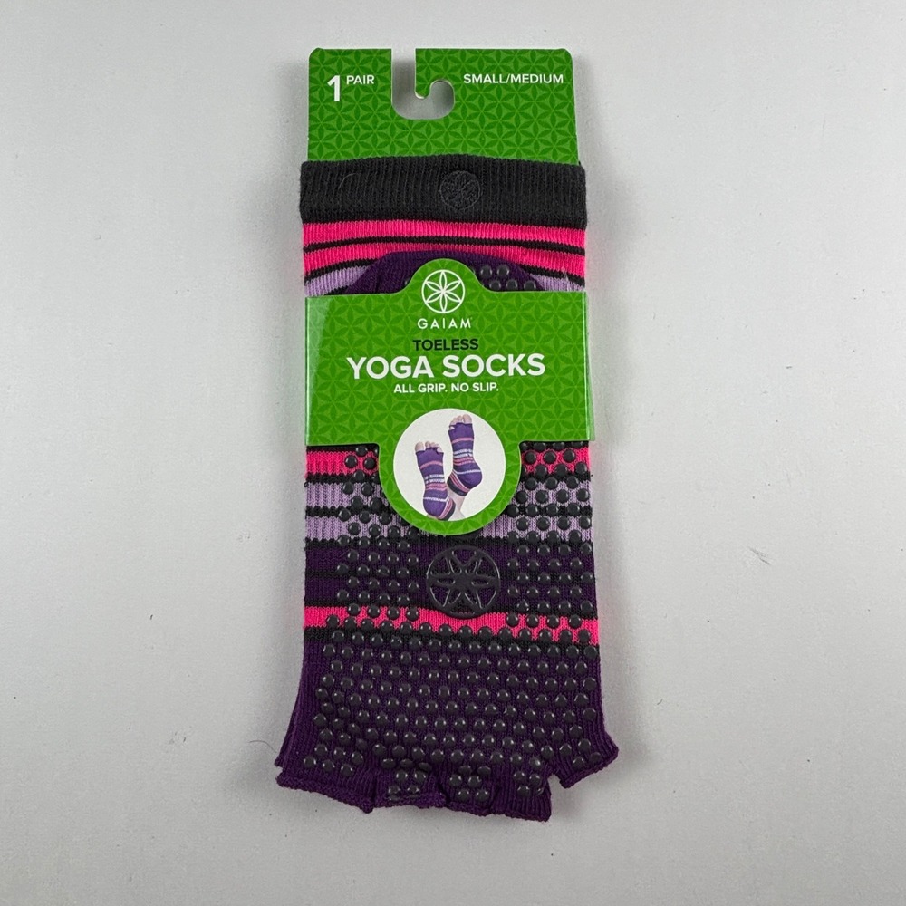 Gaiam Toeless Yoga Socks Womens S/M Purple Pink New Non-Slip Grip Striped